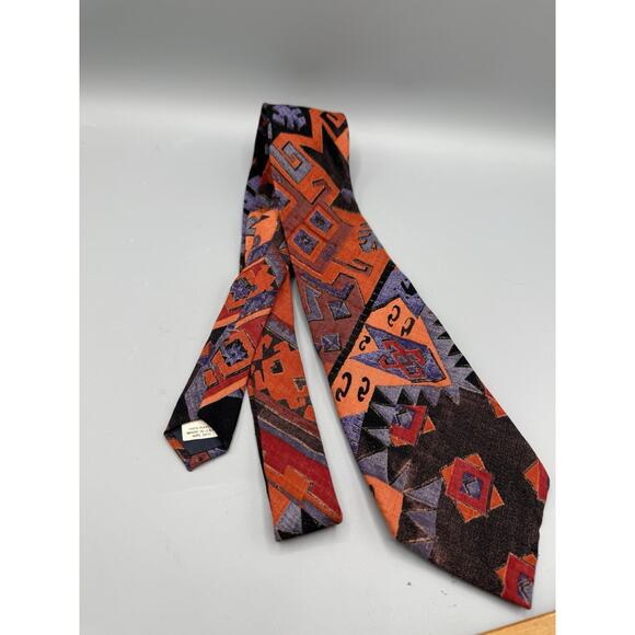 Vintage Bugle Boy USA Tie 90s Aztec Geometric Pattern Red Purple Orange Rayon - Picture 2 of 4